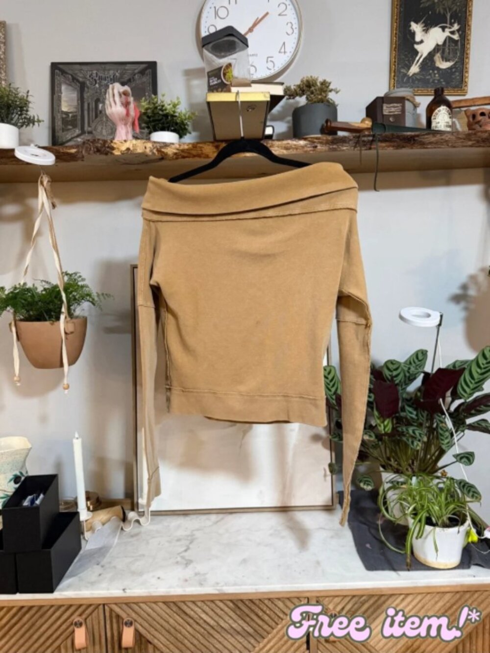 We The Free Women's Off-Shoulder Cropped Sweater in Camel - small stain